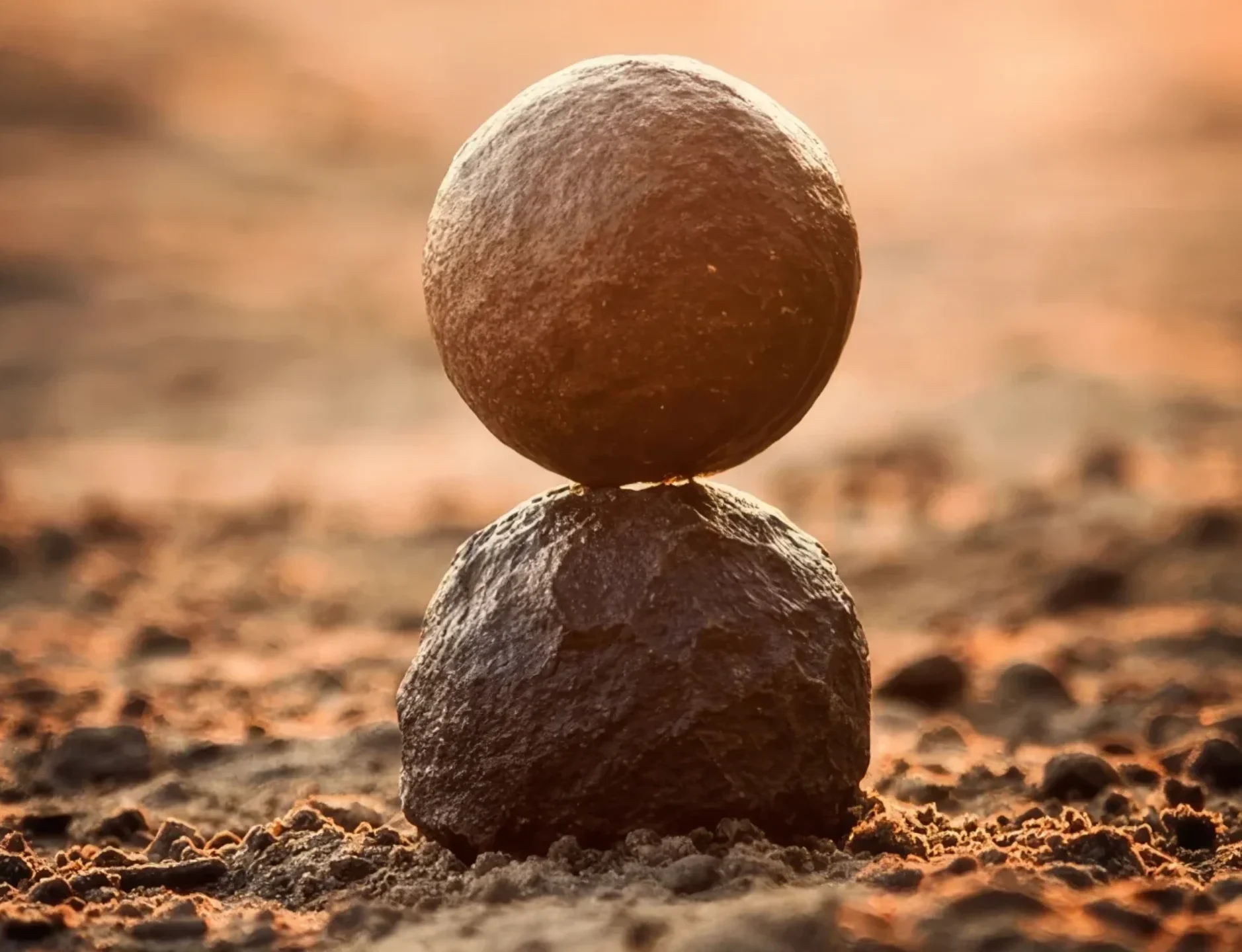 Zwei runde Steine stehen in Balance aufeinander